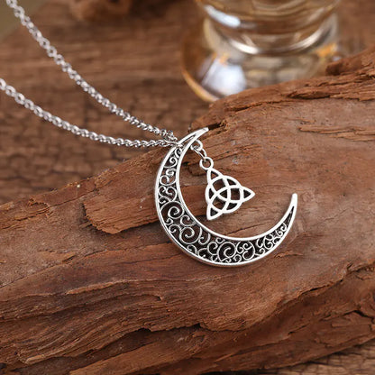 Celtic Knot Crescent Moon Pendant Necklace - Silver Amulet